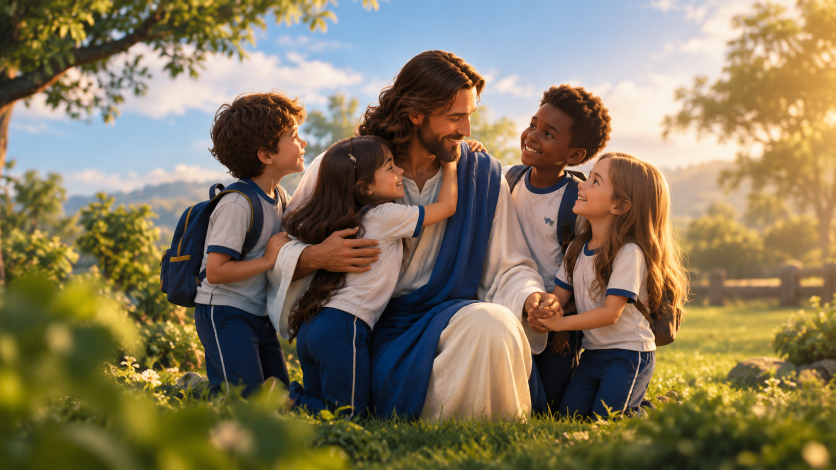Jesus acolhendo crianças em um momento de carinho e convivência
